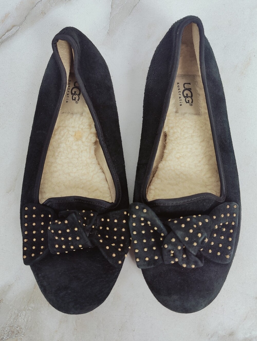 UGG Alloway Black Suede Studded Bow Flats, Sz 7